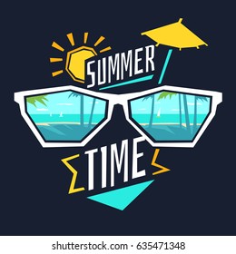 Vector illustration of a summer time with the glasses, coast, sun, and umbrella for a cocktail. A colorful poster in cartoon style