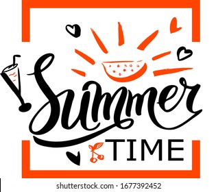 Vektorillustration-Illustration von Sommerzeitschriften für Unternehmen, Werbung, Poster. Apfelsinenrahmen mit Doodle-Elementen - Coctail, Kirsche und Herzen. Vorlage für Banner.