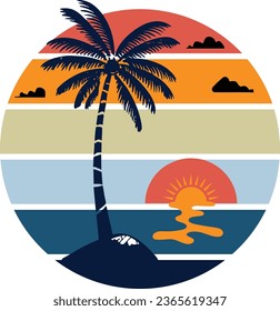 Vector illustration of summer time sea beach with coconut tree, clouds, horizon and setting sun before a vibrant background