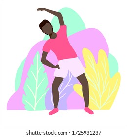 Ilustración vectorial Tiempo de verano Actividades deportivas Aisladas en blanco, hombre de fitness sobre fondo abstracto en estilo plano. Deportistas, Atletismo, ejercicios de gimnasia, yoga, bodybuilding, Fitness  