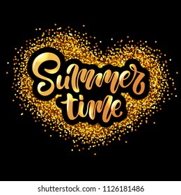Vector illustration of summer time text for greeting card/print on t-shirt/invitation/poster/store/gift/banner template. Summer time lettering on black background with gold texture.