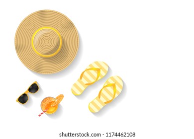 Vector illustration. Summer time. Top view. Hat, sunglasses, flip flops, cocktail. View from above. 