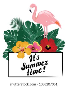 vector illustration of summer time illustration with tropical flowers and bird