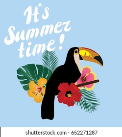 vector illustration of it is summer time with tropical flowers and birds.
