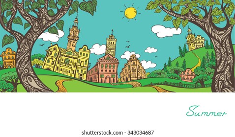 Vector illustration. Summer town. Graphic drawing by hand. Decorative card.