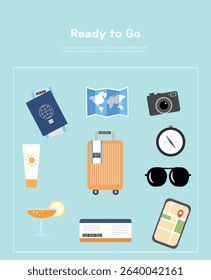 Vector illustration of summer travel essentials including bags, maps, hats, camera, and other vacation gear. Perfect for trip planning, holiday design, and summer-themed content