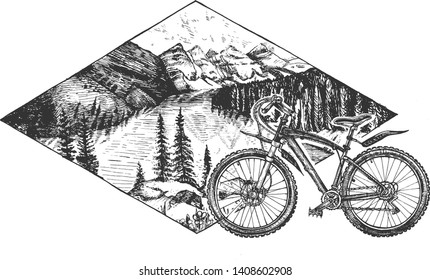 Vector illustration of summer travel or holidays set. Sport bicycle, bike or rover on the stylish modern mountains landscape background in diamond. Vintage hand drawn style.