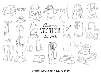 Vector illustration of Summer travel packing for vacation. Woman clothing set. Vector hand drawn isolated objects. Black and white fashion collection for girl.