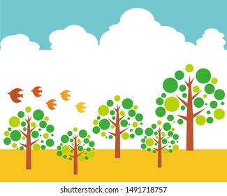 vector illustration. 
summer tree. 
Cute bird. message card .