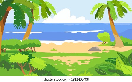 Vector illustration of summer tropic beach, sea or ocean, palm tree and other exotic plants. Creative social media horizontal banner or flyer or web landing page for a tour operator or travel agency.