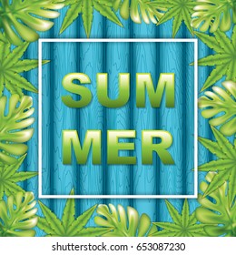 Vector illustration of summer tropical background with exotic palm leaves.