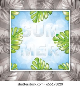 Vector illustration of summer tropical background with exotic palm leaves.
