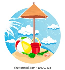 Vector illustration of summer tropical beach with a beach umbrella, ball, shell, and toys. Isolated on white.