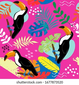 Vector illustration with summer tropical leaves and toucan on a raspberry seamless pattern background