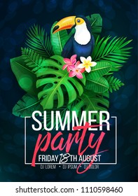 Vector illustration summer tropical party. Vacation advertising flyer or poster with toucan, tropical leaves and flowers. Composition with exotic bird, leaf philodendron, areca palm, plumeria and etc.