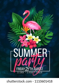 Vector illustration summer tropical party. Vacation advertising flyer or poster with flamingo, tropical leaves and flowers. Composition with jungle exotic bird, leaf monstera, areca palm and plumeria.