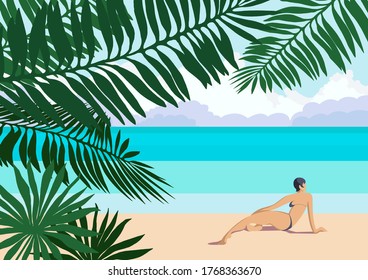 Vector illustration : summer tropical sunny lanscape with blue sea, warm sand , dark green palm leaves and beautiful young woman wearing swim suit. Design about happy summer vacations for card, poster