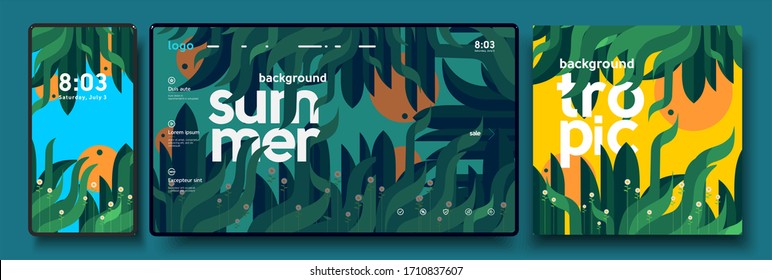 Vector illustration. Summer, tropics, nature, leaves, trees. A set of backgrounds for mobile phone, desktop, and cover art.