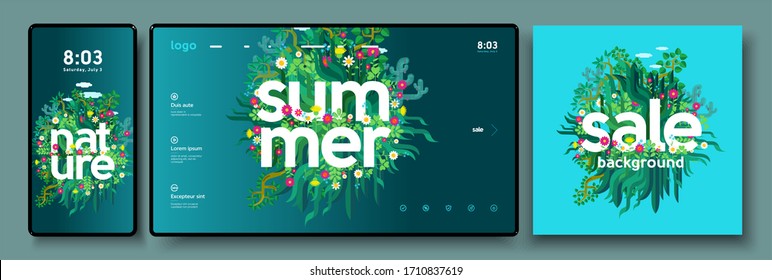 Vector illustration. Summer, tropics, nature, leaves, trees. A set of backgrounds for mobile phone, desktop, and cover art.