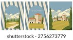 Vector illustration. Summer in Tuscany, a set of postcards, covers, and banners. City background.