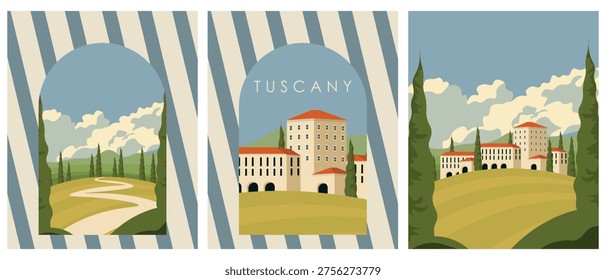 Vector illustration. Summer in Tuscany, a set of postcards, covers, and banners. City background.