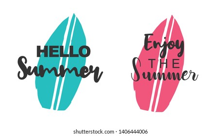 Vector Illustration of Summer Typography Hello Summer with Surfboard Icons. Set or Collection Flat Line and Silhouette of Sign, Symbol, or Objects for Graphic Design.