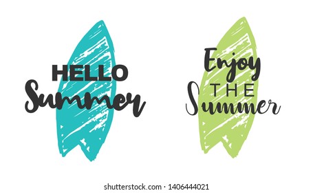 Vector Illustration of Summer Typography Hello Summer with Surfboard Icons. Set or Collection Flat Line and Silhouette of Sign, Symbol, or Objects for Graphic Design.