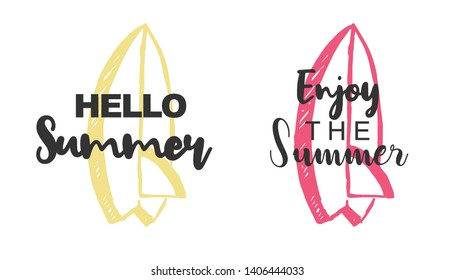 Vector Illustration of Summer Typography Hello Summer with Surfboard Icons. Set or Collection Flat Line and Silhouette of Sign, Symbol, or Objects for Graphic Design.