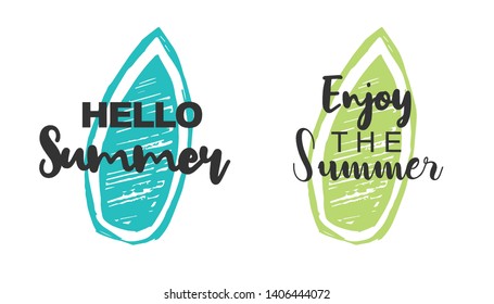 Vector Illustration of Summer Typography Hello Summer with Surfboard Icons. Set or Collection Flat Line and Silhouette of Sign, Symbol, or Objects for Graphic Design.