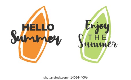 Vector Illustration of Summer Typography Hello Summer with Surfboard Icons. Set or Collection Flat Line and Silhouette of Sign, Symbol, or Objects for Graphic Design.