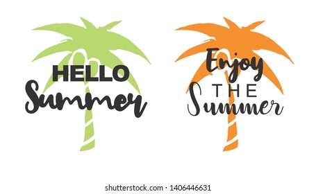 Vector Illustration of Summer Typography Hello Summer with Palm Tree Icons. Set or Collection Flat Line and Silhouette of Sign, Symbol, or Objects for Graphic Design.