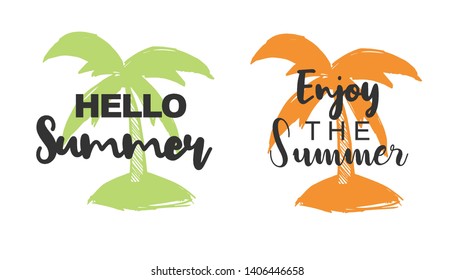 Vector Illustration of Summer Typography Hello Summer with Palm Tree Icons. Set or Collection Flat Line and Silhouette of Sign, Symbol, or Objects for Graphic Design.