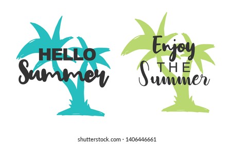 Vector Illustration of Summer Typography Hello Summer with Palm Tree Icons. Set or Collection Flat Line and Silhouette of Sign, Symbol, or Objects for Graphic Design.