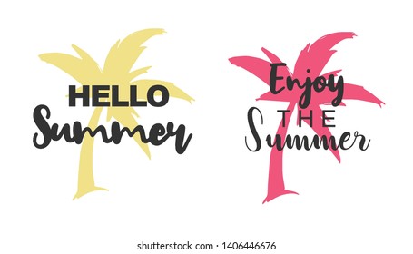 Vector Illustration of Summer Typography Hello Summer with Palm Tree Icons. Set or Collection Flat Line and Silhouette of Sign, Symbol, or Objects for Graphic Design.