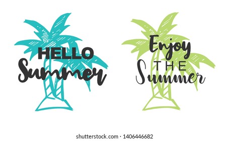 Vector Illustration of Summer Typography Hello Summer with Palm Tree Icons. Set or Collection Flat Line and Silhouette of Sign, Symbol, or Objects for Graphic Design.