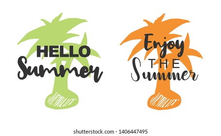 Vector Illustration of Summer Typography Hello Summer with Palm Tree Icons. Set or Collection Flat Line and Silhouette of Sign, Symbol, or Objects for Graphic Design.