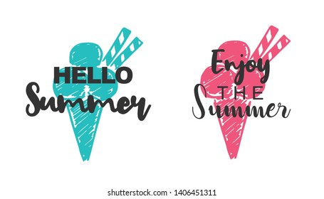 Vector Illustration of Summer Typography Hello Summer with Ice Cream Icons. Set or Collection Flat Line and Silhouette of Sign, Symbol, or Objects for Graphic Design.