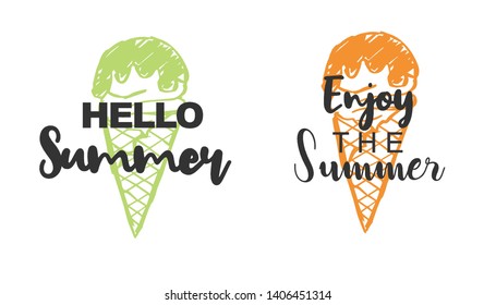 Vector Illustration of Summer Typography Hello Summer with Ice Cream Icons. Set or Collection Flat Line and Silhouette of Sign, Symbol, or Objects for Graphic Design.