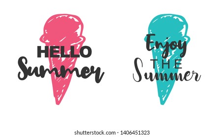 Vector Illustration of Summer Typography Hello Summer with Ice Cream Icons. Set or Collection Flat Line and Silhouette of Sign, Symbol, or Objects for Graphic Design.