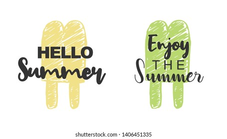 Vector Illustration of Summer Typography Hello Summer with Ice Cream Icons. Set or Collection Flat Line and Silhouette of Sign, Symbol, or Objects for Graphic Design.