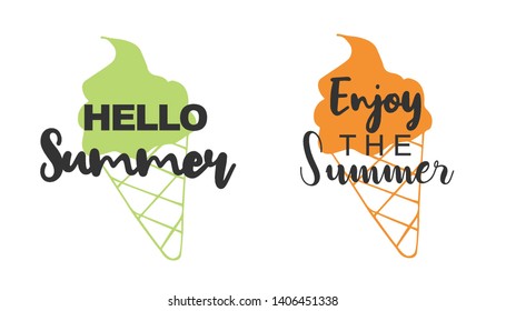 Vector Illustration of Summer Typography Hello Summer with Ice Cream Icons. Set or Collection Flat Line and Silhouette of Sign, Symbol, or Objects for Graphic Design.