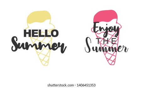 Vector Illustration of Summer Typography Hello Summer with Ice Cream Icons. Set or Collection Flat Line and Silhouette of Sign, Symbol, or Objects for Graphic Design.
