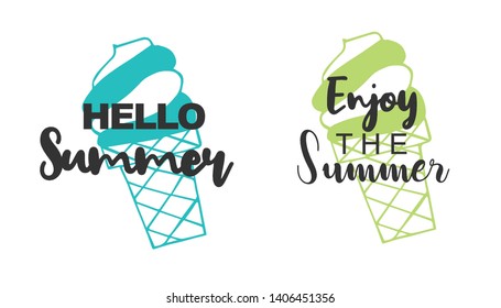 Vector Illustration of Summer Typography Hello Summer with Ice Cream Icons. Set or Collection Flat Line and Silhouette of Sign, Symbol, or Objects for Graphic Design.
