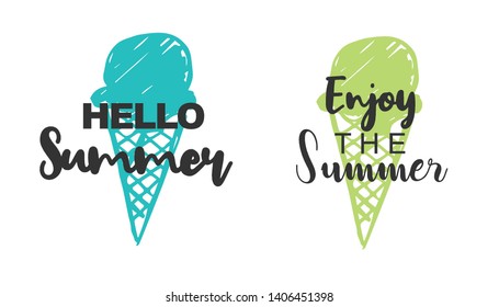 Vector Illustration of Summer Typography Hello Summer with Ice Cream Icons. Set or Collection Flat Line and Silhouette of Sign, Symbol, or Objects for Graphic Design.