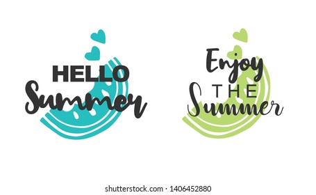 Vector Illustration of Summer Typography Hello Summer with Watermelon Fruit Icons. Set or Collection Flat Line and Silhouette of Sign, Symbol, or Objects for Graphic Design.