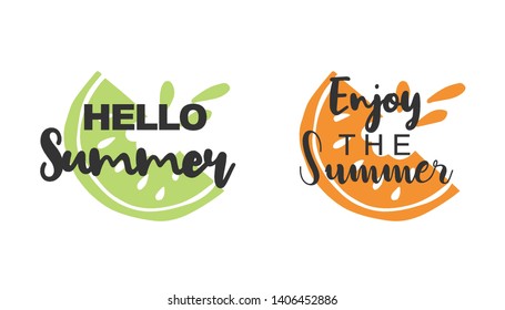Vector Illustration of Summer Typography Hello Summer with Watermelon Fruit Icons. Set or Collection Flat Line and Silhouette of Sign, Symbol, or Objects for Graphic Design.