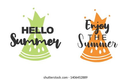 Vector Illustration of Summer Typography Hello Summer with Watermelon Fruit Icons. Set or Collection Flat Line and Silhouette of Sign, Symbol, or Objects for Graphic Design.