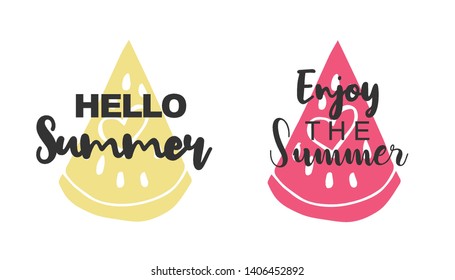 Vector Illustration of Summer Typography Hello Summer with Watermelon Fruit Icons. Set or Collection Flat Line and Silhouette of Sign, Symbol, or Objects for Graphic Design.