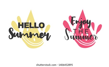 Vector Illustration of Summer Typography Hello Summer with Watermelon Fruit Icons. Set or Collection Flat Line and Silhouette of Sign, Symbol, or Objects for Graphic Design.