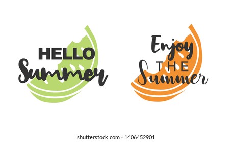 Vector Illustration of Summer Typography Hello Summer with Watermelon Fruit Icons. Set or Collection Flat Line and Silhouette of Sign, Symbol, or Objects for Graphic Design.